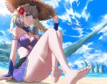  1girl barefoot blue_eyes breasts hat head_wings highres melia_antiqua mercury_xeno silver_hair small_breasts solo straw_hat swimsuit xenoblade_chronicles xenoblade_chronicles_(series) 