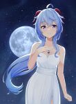  1girl ahoge bangs blue_hair blush breasts dress eyebrows_visible_through_hair full_moon ganyu_(genshin_impact) genshin_impact hand_on_own_chest highres horns jewelry long_hair looking_at_viewer medium_breasts moon necklace night night_sky plo1154 purple_eyes sidelocks sky smile solo standing star_(sky) starry_sky white_dress 