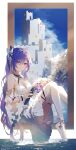  1girl absurdres bangs bare_shoulders bouquet braid building detached_sleeves double_bun dress flower genshin_impact hair_cones hair_ornament highres keqing_(genshin_impact) long_hair looking_at_viewer no_shoes purple_eyes purple_hair sitting sitting_in_window sky smile solo swkl:d thighhighs twintails water white_dress white_legwear 