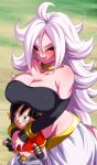  2girls age_difference android_21 bare_shoulders belt black_belt black_eyes black_gloves black_hair black_sclera bracelet breast_rest breasts breasts_on_head choker cleavage collarbone colored_sclera colored_skin dragon_ball dragon_ball_fighterz dragon_ball_gt female_pervert fingerless_gloves gloves height_difference jewelry large_breasts long_hair majin_android_21 midriff multiple_girls navel open_mouth pan_(dragon_ball) pervert pink_skin red_eyes ring rom_(20) short_hair smile tail white_hair yellow_choker yuri 