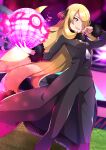  1girl absurdres black_coat black_pants black_shirt blonde_hair breasts coat cynthia_(pokemon) dynamax_ball feet_out_of_frame floating_hair fur-trimmed_coat fur_collar fur_trim hair_ornament hair_over_one_eye hands_up highres holding long_hair looking_ahead miyama-san open_mouth pants pokemon pokemon_(game) pokemon_dppt shirt smile solo stadium standing teeth upper_teeth 