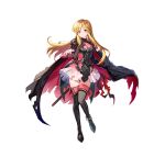  1girl absurdres alternate_costume armor bangs black_footwear black_gloves blonde_hair blush boots breasts brown_eyes cape cleavage_cutout closed_mouth clothing_cutout commentary_request elbow_gloves fire_emblem fire_emblem:_genealogy_of_the_holy_war fire_emblem_heroes full_body gloves gradient gradient_clothes hand_on_own_chest highres lachesis_(fire_emblem) long_hair looking_at_viewer medium_breasts official_art satoupote sheath sheathed shiny shiny_hair shoulder_armor simple_background smile sword thigh_boots thighhighs torn_cape torn_clothes weapon white_background zettai_ryouiki 