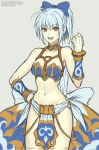  1girl armor armpit_crease back_bow bare_shoulders blue_hair bow breasts choker clenched_hands empty_eyes gofelem hand_on_hip high_ponytail long_hair looking_at_viewer meru_(dragoon) midriff navel open_mouth ponytail red_eyes simple_background sketch smile solo the_legend_of_dragoon unfinished 