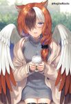  1girl animal_ears black_hair black_legwear black_scrunchie blurry blurry_background brown_hair brown_jacket brown_wings clothing_cutout coffee_cup commission cup depth_of_field disposable_cup feathered_wings grey_sweater hagino_kouta hair_ornament hair_over_shoulder hair_scrunchie holding holding_cup jacket long_hair multicolored_hair open_clothes open_jacket original ribbed_sweater scrunchie shoulder_cutout sitting skeb_commission sleeves_past_wrists solo sweater thighhighs turtleneck turtleneck_sweater twitter_username two-tone_hair white_hair white_wings wings 