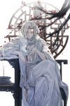  1boy alternate_hairstyle bangs chair chinese_clothes highres holding holding_pipe kiseru long_hair long_sleeves looking_at_viewer pipe simple_background sitting smoking solo tears_of_themis vvvviio vyn_richter_(tears_of_themis) white_background white_hair yellow_eyes 