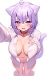  1girl :3 :d ahoge animal_ear_fluff animal_ears arm_up bangs bow bow_panties breasts cat_ears cat_girl cat_tail collar collared_shirt deaver eyebrows_visible_through_hair fang feet_out_of_frame from_above hand_on_own_chest highres hololive large_breasts long_sleeves looking_at_viewer medium_hair nekomata_okayu no_bra open_clothes open_mouth open_shirt panties purple_bow purple_collar purple_eyes purple_hair purple_panties selfie shirt simple_background smile solo standing tail tail_raised underwear virtual_youtuber white_background white_shirt 