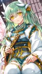  1girl aqua_kimono breasts dragon_girl dragon_horns fate/grand_order fate_(series) folding_fan green_hair hand_fan highres holding holding_fan horns japanese_clothes kimono kiyohime_(fate) long_hair medium_breasts morizono_shiki multiple_horns obi sash solo thighhighs white_legwear wide_sleeves yellow_eyes 