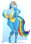  2022 absurd_res anthro big_breasts breasts collaboration cutie_mark equid equine eyewear female friendship_is_magic goggles gradient_background hasbro hi_res huge_breasts hyperstorm_h lettuce_(artist) lidded_eyes mammal my_little_pony pegasus rainbow_dash_(mlp) simple_background solo unguligrade_anthro unzipped wings wonderbolts_uniform 