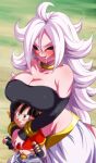  2girls age_difference android_21 bare_shoulders belt black_belt black_eyes black_gloves black_hair black_sclera bracelet breast_rest breasts breasts_on_head choker cleavage collarbone colored_sclera colored_skin dragon_ball dragon_ball_fighterz dragon_ball_gt fingerless_gloves gloves height_difference jewelry large_breasts long_hair majin_android_21 midriff multiple_girls navel open_mouth pan_(dragon_ball) pink_skin red_eyes ring rom_(20) saliva short_hair smile tail white_hair yellow_choker yuri 