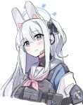  1girl animal_ears blue_archive blue_shirt blush closed_mouth communicator hair_ribbon halo long_hair looking_at_viewer microphone military_jacket miyako_(blue_archive) rabbit_ears ribbon scratching_cheek shirt tactical_clothes touhou90275 vest walkie-talkie 