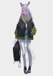  1girl 38_(sanjuuhachi) absurdres arm_at_side backpack bag black_footwear black_jacket closed_mouth ear_bow full_body grey_background hand_in_own_hair highres holding holding_bag horse_girl jacket long_hair looking_at_viewer mejiro_mcqueen_(umamusume) open_clothes open_jacket panties platform_boots purple_eyes purple_hair shirt simple_background smile solo standing striped striped_shirt umamusume underwear white_panties white_shirt 