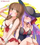  artist_name bangs bb_(fate) bb_(fate/extra) black_swimsuit blush bow braid breasts brown_eyes brown_hair collarbone commentary_request eating eyebrows_visible_through_hair fate/extra fate/extra_ccc fate_(series) food hat holding holding_food kishinami_hakuno_(female) large_breasts long_hair looking_at_viewer looking_away medium_breasts mzoo39 navel pink_bow pink_wristband popsicle purple_eyes purple_hair red_ribbon ribbon sun_hat swimsuit tears twitter_username white_swimsuit wristband 