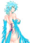  1girl areola_slip areolae ass back bangs blue_feathers blue_hair blue_wings breasts commentary corset_piercing feather_pasties feathered_wings hair_between_eyes harpy highres large_breasts long_hair looking_back maria_(zippedsquire) monster_girl nude open_mouth original piercing sideboob simple_background solo white_background winged_arms wings yellow_eyes zippedsquire 