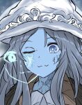  1girl :3 absurdres blue_eyes blue_skin bright_pupils cloak closed_mouth colored_skin cracked_skin doyagao elden_ring extra_faces fur_cloak grey_hair hat highres long_hair looking_at_viewer one_eye_closed portrait ranni_the_witch smile smug solo thigh_high_tavi white_pupils witch_hat 