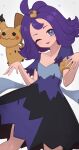  1girl acerola_(pokemon) armlet bangs commentary_request dress eyelashes flipped_hair grey_dress grey_eyes hair_ornament hairclip hands_up highres medium_hair mimikyu multicolored_clothes multicolored_dress nuneno one_eye_closed open_mouth pokemon pokemon_(creature) pokemon_(game) pokemon_sm purple_hair short_sleeves smile stitches topknot torn_clothes torn_dress white_background 