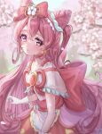 1girl apron bangs blurry blurry_background bow capelet choker cure_happy daopon earrings flower gloves hair_bow heart highres jewelry long_hair looking_at_viewer outdoors parted_lips pink_choker pink_eyes pink_flower pink_hair precure red_bow solo waist_apron white_capelet white_flower white_gloves 