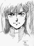  1980s_(style) 1girl artist_name bangs closed_mouth commentary_request dated headband headshot highres ink_(medium) looking_at_viewer monochrome murayama_hitoshi retro_artstyle short_hair solo takaya_noriko top_wo_nerae! traditional_media v-shaped_eyebrows 