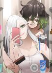  birthmark brother_and_sister daki_(kimetsu_no_yaiba) green_eyes green_hair gyuutarou_(kimetsu_no_yaiba) hair_brush kimetsu_no_yaiba mirror multicolored_hair phone siblings toothbrush toothpaste two-tone_hair white_hair yogukasu 