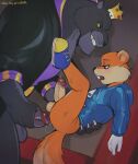  anthro balls bedroom_eyes black_body black_fur bodily_fluids bottomless bottomless_anthro bottomless_male buckteeth butt carrying_partner cartoon_gloves cheek_tuft chin_tuft clothed clothing conker conker&#039;s_bad_fur_day crown dominant dominant_anthro dominant_male dripping duo ear_tuft erection facial_tuft fangs felid footwear fur genital_fluids genitals gloves half-closed_eyes handwear hoodie humanoid_genitalia humanoid_penis imminent_sex legs_up looking_pleasured male male/male mammal muscular muscular_anthro muscular_male narrowed_eyes open_clothing open_robe orange_body orange_fur panther_king pantherine penis precum precum_drip precum_string rareware red_squirrel_(disambiguation) robe seductive shoes shoulder_tuft size_difference smile smirk smug smug_face smug_grin sneakers spread_legs spreading submissive submissive_anthro submissive_male teeth topwear tuft vhkansfweer video_games 