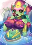  2girls artist_name bangs bare_shoulders biyon_tran breasts colored_sclera colored_skin green_hair green_sclera green_skin highres katarina_(league_of_legends) large_breasts league_of_legends long_hair mermaid minigirl monster_girl multiple_girls nami_(league_of_legends) navel official_alternate_costume river_spirit_nami shiny shiny_hair upper_body vastaya vore yellow_eyes 