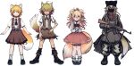  4girls ahoge ak-47 alternate_costume animal_ear_fluff animal_ears assault_rifle asymmetrical_hair bangs black_footwear black_necktie blonde_hair boots brown_coat brown_gloves brown_skirt brown_vest closed_mouth coat collared_shirt commentary_request cookie_(touhou) eyebrows_visible_through_hair fang fingernails floppy_ears fox_ears fox_girl fox_tail full_body gloves green_pants grin gun hair_between_eyes highres holding holding_gun holding_weapon kalashnikov_rifle khn_(kihana) long_sleeves looking_at_viewer mary_janes mask medium_hair miramikaru_riran mouth_mask multiple_girls multiple_persona necktie open_mouth pants pink_eyes pouch red_eyes red_scarf rifle scarf sharp_fingernails shirt shoes short_sleeves sidelocks simple_background skirt smile socks standing tail thick_eyebrows trigger_discipline vest weapon white_background white_legwear white_shirt 