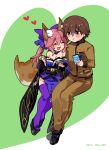  1boy 1girl animal_ears artist_name bangs bare_shoulders black_bow black_legwear bow bowl breasts brown_eyes brown_hair brown_pants brown_shirt cleavage closed_eyes commentary_request couple eating eyebrows_visible_through_hair fate/extra fate_(series) feeding fox_ears fox_girl fox_tail green_background hair_between_eyes hair_bow heart heart_background hetero holding holding_bowl holding_spoon kishinami_hakuno_(male) large_breasts mzoo39 obi pants pelvic_curtain pink_hair platform_footwear purple_legwear sash shirt sidelocks split_ponytail spoon tail tamamo_(fate) tamamo_no_mae_(fate/extra) thighhighs tsukumihara_academy_uniform_(fate/extra) twitter_username zettai_ryouiki 