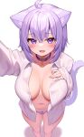  1girl ahoge animal_ears breasts cat_ears cat_girl cat_tail collar deaver highres hololive large_breasts looking_at_viewer nekomata_okayu open_clothes open_mouth open_shirt panties purple_collar purple_eyes purple_hair short_hair simple_background solo standing tail underwear virtual_youtuber white_background 