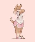  2022 absurd_res anthro bottomwear breasts canid canine canis clothed clothing digital_media_(artwork) domestic_dog female fully_clothed hi_res louart mammal pink_background shorts signature simple_background solo toeless_legwear 