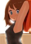  1girl :o bangs black_shirt blue_eyes blurry blush brown_hair commentary_request covered_nipples eyebrows_visible_through_hair eyelashes from_side heppushu looking_at_viewer looking_to_the_side may_(pokemon) medium_hair pokemon pokemon_(game) pokemon_oras shirt sleeveless sleeveless_shirt solo sweatdrop upper_body 