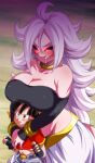  2girls age_difference android_21 bare_shoulders belt black_belt black_eyes black_gloves black_hair black_sclera bracelet breast_rest breasts breasts_on_head choker cleavage collarbone colored_sclera colored_skin dragon_ball dragon_ball_fighterz dragon_ball_gt female_pervert fingerless_gloves gloves glowing glowing_eyes height_difference jewelry large_breasts long_hair majin_android_21 midriff multiple_girls navel open_mouth pan_(dragon_ball) pervert pink_skin red_eyes ring rom_(20) saliva short_hair smile tail white_hair yellow_choker yuri 