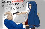  angry bald black_legwear blue_eyebrows blue_eyes blue_hair character_request copyright_request gun habit jos91doodles miniskirt monk old old_man quill real_life red_skirt red_vest roscelin_de_compiegne skirt speech_bubble thighhighs vest weapon white_background white_hair window 