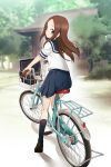  1girl bag bangs bicycle black_legwear blue_sailor_collar blue_skirt brown_eyes brown_footwear brown_hair closed_mouth commentary full_body ground_vehicle highres karakai_jouzu_no_takagi-san loafers looking_at_viewer nyoro_(nyoronyoro000) outdoors parted_bangs pleated_skirt riding_bicycle sailor_collar school_bag school_uniform serafuku shirt shoes short_sleeves sidelocks skirt smile socks solo takagi-san white_shirt 