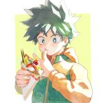  1boy banana_slice boku_no_hero_academia crepe eating eyebrows_visible_through_hair food food_on_face freckles fruit green_eyes green_hair heart highres holding holding_food hood hood_down jacket looking_at_food male_focus midoriya_izuku pocky solo strawberry twitter_username unou_(unou_mha) 