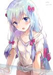  1girl :o absurdres bangs blue_eyes blush bow breasts collarbone commentary eromanga_sensei eyebrows_visible_through_hair fang hair_between_eyes hair_bow highres izumi_sagiri leaning_forward legs long_hair looking_at_viewer open_mouth petite saya_(mychristian2) shirt short_sleeves sidelocks small_breasts solo thighs white_background white_hair white_shirt 