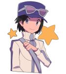  1boy alternate_color black_hair calem_(pokemon) closed_mouth commentary_request eyewear_on_headwear grey-framed_eyewear grey_eyes hand_up hat highres holding_strap jacket long_sleeves male_focus pokemon pokemon_(game) pokemon_masters_ex purple_headwear short_hair simple_background smile solo star_(symbol) strap sunglasses turtleneck turtleneck_jacket tyako_089 upper_body white_background white_jacket 