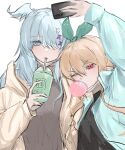  2girls absurdres bangs beige_jacket black_sweater blonde_hair blue_eyes blue_hair blue_jacket breasts brown_eyes cup daiishori disposable_cup elira_pendora eyebrows_visible_through_hair green_ribbon grey_sweater hair_over_one_eye hair_ribbon highres holding holding_cup jacket medium_breasts multiple_girls nijisanji nijisanji_en one_eye_closed one_eye_covered pikl_(elira_pendora) pomu_rainpuff ribbon selfie sweater virtual_youtuber white_background 