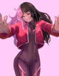  1girl 6maker ;d absurdres black_bodysuit black_hair bodysuit breasts cropped_jacket grin highres jacket long_hair looking_at_viewer multicolored_hair one_eye_closed original outstretched_arms pink_background pink_eyes pink_hair red_jacket skin_tight smile solo two-tone_hair 