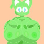  2022 big_breasts blue_eyes breasts female green_body hand_on_breast hi_res kat_(vizikaka) looking_at_viewer nipples orange_background simple_background smile vizikaka 