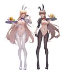  2girls absurdres alternate_costume animal_ears arm_up ass_visible_through_thighs azur_lane bangs black_footwear black_gloves black_legwear blonde_hair blue_bow blue_bowtie blush bow bowtie breasts brown_hair cleavage commentary_request earrings eyebrows_visible_through_hair fake_animal_ears gloves half_gloves high_heels highres holding holding_tray jean_bart_(azur_lane) jewelry large_breasts long_hair multiple_girls navel nipples pantyhose pussy rabbit_ears red_bow red_bowtie red_eyes richelieu_(azur_lane) strapless thigh_gap thighband_pantyhose tray v white_footwear white_legwear wrist_cuffs wsfw 