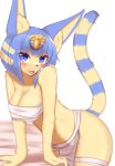  2022 animal_crossing ankha_(animal_crossing) anthro bed big_breasts blonde_hair blue_body blue_eyes blue_fur blue_hair blush breasts brown_nose chest_wraps cleavage clothed clothing cute_fangs domestic_cat egyptian felid feline felis female fluffy fur furniture hair hi_res horokusa0519 inner_ear_fluff kemono looking_at_viewer mammal markings multicolored_body multicolored_fur multicolored_hair navel nintendo open_mouth open_smile short_hair smile smiling_at_viewer solo striped_markings striped_tail stripes tail_markings tongue translated_description tuft two_tone_body two_tone_fur video_games wraps yellow_body yellow_fur 