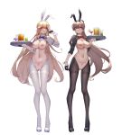  2girls absurdres alternate_costume animal_ears arm_up ass_visible_through_thighs azur_lane bangs black_footwear black_gloves black_legwear blonde_hair blue_bow blue_bowtie blush bow bowtie breasts brown_hair cleavage commentary_request earrings eyebrows_visible_through_hair fake_animal_ears gloves half_gloves high_heels highres holding holding_tray jean_bart_(azur_lane) jewelry large_breasts long_hair multiple_girls navel nipples pantyhose pubic_tattoo pussy rabbit_ears red_bow red_bowtie red_eyes richelieu_(azur_lane) strapless tattoo thigh_gap thighband_pantyhose tray v white_footwear white_legwear wrist_cuffs wsfw 