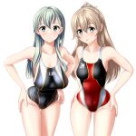  2girls absurdres black_swimsuit clothes_writing competition_swimsuit cowboy_shot green_eyes hair_ornament hairclip hands_on_hips highres kantai_collection kumano_(kancolle) leaning_forward long_hair looking_at_viewer multicolored_clothes multicolored_swimsuit multiple_girls one-piece_swimsuit red_swimsuit silver_hair simple_background suzuya_(kancolle) swimsuit takafumi umbrella white_background 