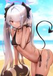  1girl absurdres artist_name bangs bikini black_bikini black_bow blue_archive blue_sky blush bow closed_mouth cloud commentary_request day demon_tail grey_hair hair_bow hair_over_one_eye halo highres horizon innertube iori_(blue_archive) leaning_forward nekoya_(liu) ocean outdoors pointy_ears red_eyes side-tie_bikini signature sky solo standing swimsuit tail twintails twitter_username water 