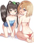  2girls :d all_fours animal_ear_fluff animal_ears back bangs bare_arms bare_legs barefoot bikini blonde_hair blue_eyes blue_swimsuit blush brown_hair butt_crack eyebrows_visible_through_hair fang flat_chest from_behind green_eyes heart heart-shaped_pupils leaf long_hair looking_at_viewer looking_back mannack medium_hair multicolored_hair multiple_girls one-piece_swimsuit original raccoon_ears raccoon_girl raccoon_tail red_bikini seiza sitting skin_fang smile strap_slip streaked_hair swimsuit symbol-shaped_pupils tail tail_raised v_arms wet 