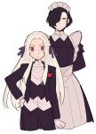  1boy 1girl alternate_costume apron arms_behind_back black_dress black_eyes black_hair black_pants black_suit blush butler closed_mouth crossdressing do_m_kaeru dress edelgard_von_hresvelg enmaided eyebrows_visible_through_hair female_butler fire_emblem fire_emblem:_three_houses forehead formal gloves hair_over_one_eye hair_ribbon hand_on_hip hubert_von_vestra long_hair long_sleeves looking_at_viewer maid maid_apron maid_headdress one_eye_covered pants purple_eyes purple_ribbon ribbon short_hair simple_background suit waist_apron white_apron white_background white_gloves white_hair 