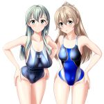  2girls absurdres blue_swimsuit clothes_writing competition_swimsuit cowboy_shot green_eyes grey_swimsuit hair_ornament hairclip hands_on_hips highres kantai_collection kumano_(kancolle) leaning_forward long_hair looking_at_viewer multicolored_clothes multicolored_swimsuit multiple_girls one-piece_swimsuit silver_hair simple_background suzuya_(kancolle) swimsuit takafumi umbrella white_background 