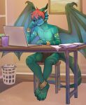  absurd_res anthro arm_support black_sclera book claws clothed clothing computer desk digital_media_(artwork) dragon floorboards furniture green_body green_scales hair hi_res horn inkh inside laptop laundry_basket male markings membrane_(anatomy) membranous_wings mug painting_(object) red_hair romarom rug scales shaded sitting solo table toe_claws topless wings yellow_body yellow_eyes yellow_markings yellow_scales 