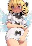  1girl blonde_hair blush cowboy_shot dress drill_hair fairy fairy_wings hair_between_eyes hat highres huxiao_(mistlakefront) luna_child open_mouth red_eyes short_hair short_sleeves simple_background solo touhou twin_drills white_background white_dress white_headwear wings 