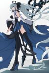  1girl bangs black_bow black_dress black_footwear blue_eyes boots bow braid breasts dress fate/grand_order fate_(series) french_braid grey_hair hair_bow high_heel_boots high_heels highres ichi_yoshida large_breasts long_hair long_sleeves looking_at_viewer looking_back morgan_le_fay_(fate) pelvic_curtain ponytail sidelocks solo spikes staff thigh_boots thighhighs tiara two-tone_dress very_long_hair white_dress wide_sleeves 