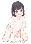  1ssakawaguchi :d absurdres ahoge arm_support bangs bare_legs barefoot black_hair blue_eyes blunt_bangs blunt_ends blush bob_cut collarbone dot_nose eyebrows_visible_through_hair full_body hands_on_ground highres kneeling looking_at_viewer no_pants open_mouth shirt short_hair short_sleeves simple_background smile spread_legs straight_hair t-shirt tareme tiptoes toes white_background white_shirt 